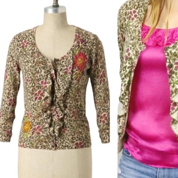 Anthropologie Sweaters - Sparrow Anthro Embellished Floral Leopard Ruffle Draped Cashmere Cardigan - XS